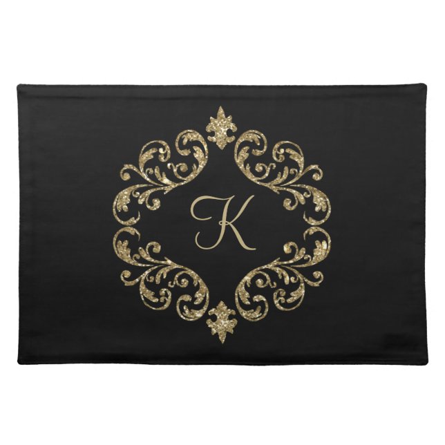 Monogram Black Gold Glitter Trendy Chic Stylish Cloth Placemat (Front)