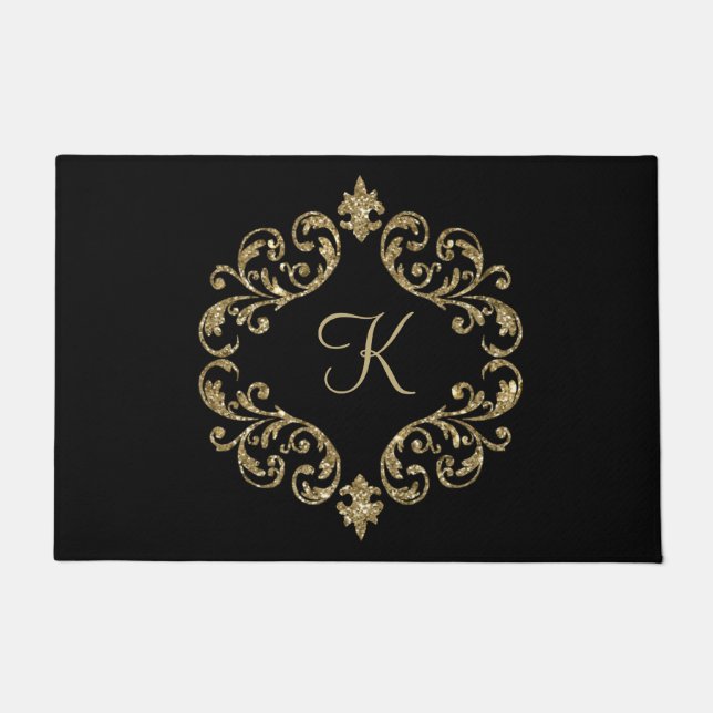 Monogram  Black Gold Glitter Trendy Chic Stylish  Doormat (Front)
