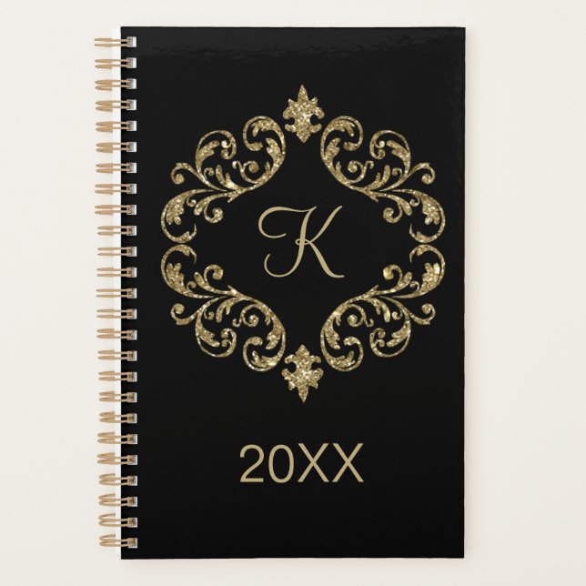 Monogram  Black Gold Glitter Trendy Chic Stylish Planner (Front)