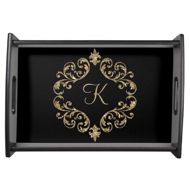 Monogram Black Gold Glitter Trendy Chic Stylish   Serving Tray (Front)