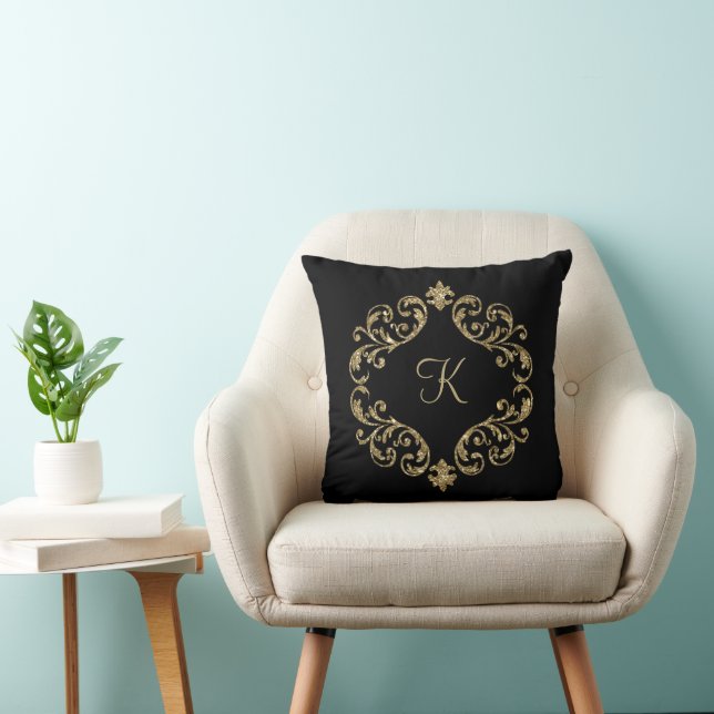 Monogram Black Gold Glitter Trendy Chic Stylish Throw Pillow (Chair)