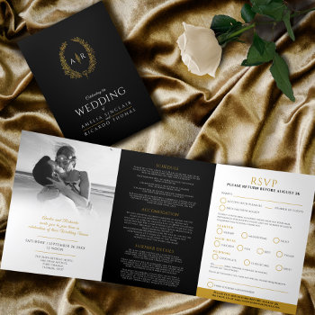 Monogram Black Gold Leaf Wedding Meal Option Rsvp Tri-fold Invitation by mylittleedenweddings at Zazzle