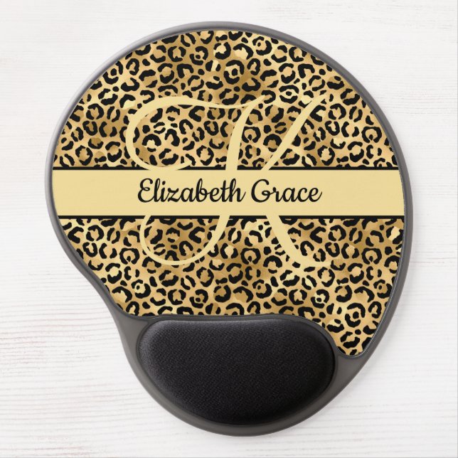 Monogram Black Gold Leopard Print Cheetah Animal Gel Mouse Pad (Front)
