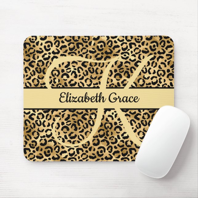 Monogram Black Gold Leopard Print Cheetah Animal Mouse Pad (With Mouse)