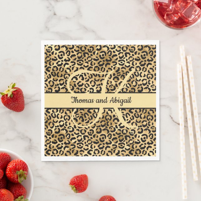 Monogram Black Gold Leopard Print Cheetah Animal  Napkins (Insitu)
