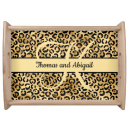Monogram Black Gold Leopard Print Cheetah Animal  Serving Tray