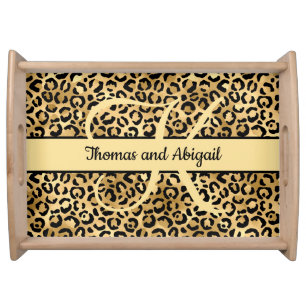 Monogram Black Gold Leopard Print Cheetah Animal Serving Tray