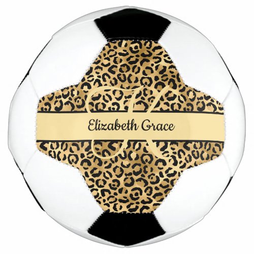 Monogram Black Gold Leopard Print Cheetah Animal  Soccer Ball