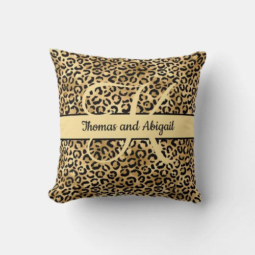 Monogram Black Gold Leopard Print Cheetah Animal  Throw Pillow