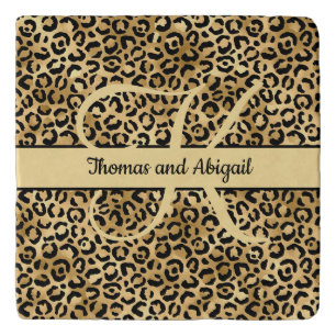 Monogram Black Gold Leopard Print Cheetah Animal Trivet