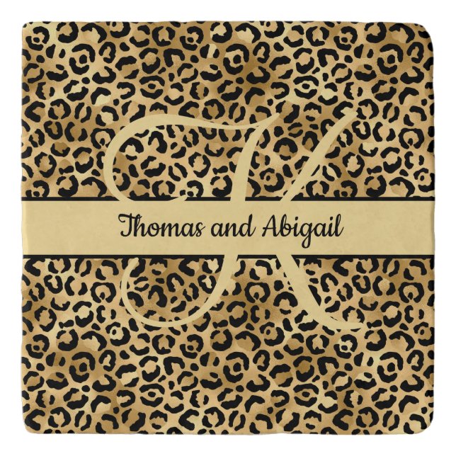 Monogram Black Gold Leopard Print Cheetah Animal  Trivet (Front)