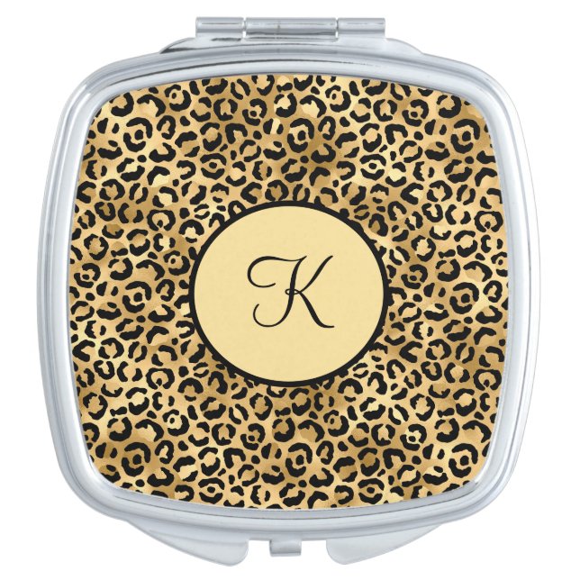 Monogram Black Gold Leopard Print Cheetah Print  Compact Mirror (Front)