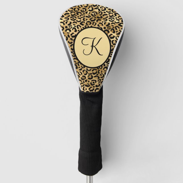 Monogram Black Gold Leopard Print Cheetah Print Golf Head Cover (Front)