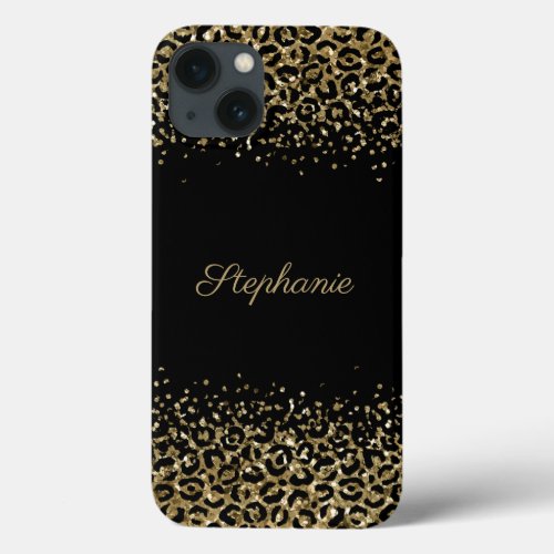 Monogram Black Gold Leopard Print Glitter Overlay iPhone 13 Case