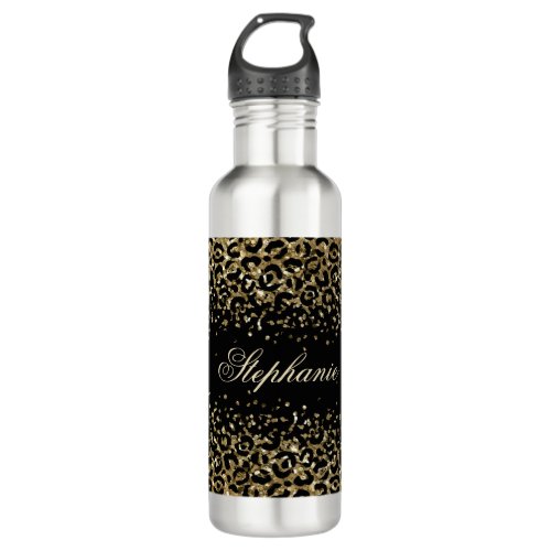 Monogram Black Gold Leopard Print Glitter Overlay Stainless Steel Water Bottle
