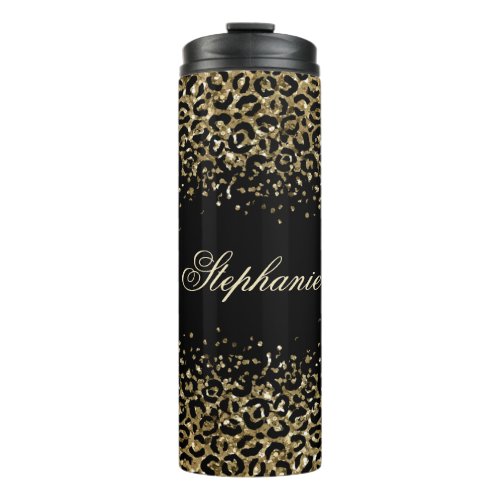 Monogram Black Gold Leopard Print Glitter Overlay  Thermal Tumbler