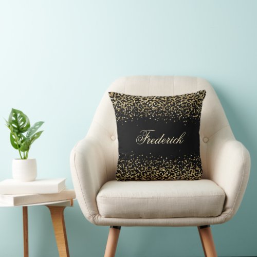 Monogram Black Gold Leopard Print Glitter Overlay Throw Pillow