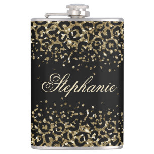 Monogram Black Gold Leopard Print Glitter Trendy Flask