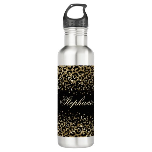 Monogram Black Gold Leopard Print Glitter Trendy Stainless Steel Water Bottle