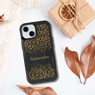 Monogram Black Gold Leopard Print Otterbox iPhone 15 Case