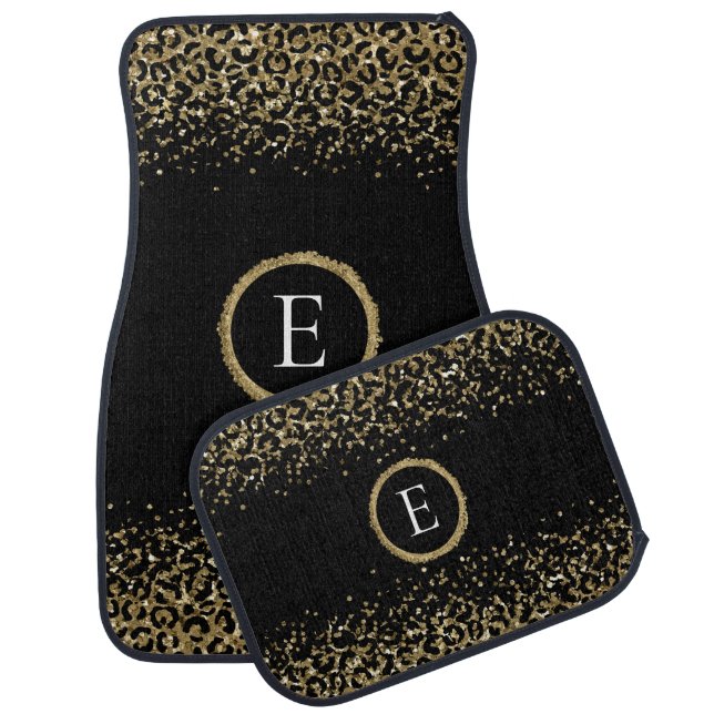 Monogram Black Gold Leopard Print Set of Car Mats (Set)