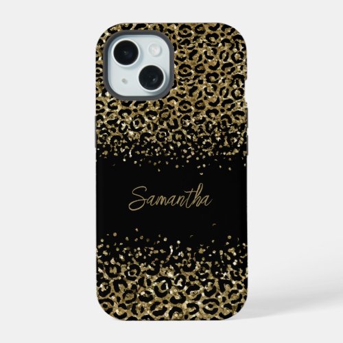 Monogram Black Gold Leopard Print Stylish Chic iPhone 15 Case