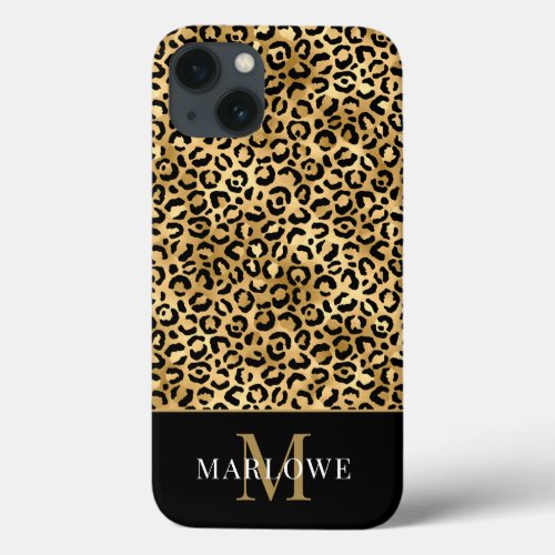 Monogram Black Gold Leopard Spots Pattern iPhone 13 Case