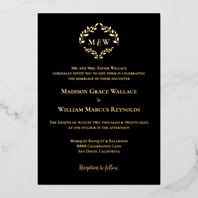 Monogram Black Gold  Luxe Elegant Crest Wedding  Foil Invitation (Front)
