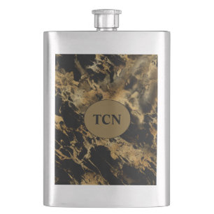 Monogram Black Gold Marble Agate Groomsman gift Flask