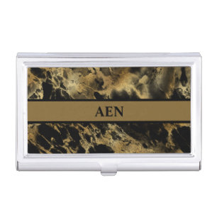 Monogram Black Gold Marble Agate Modern Trendy Business Card Case