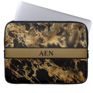 Monogram Black Gold Marble Agate Modern Trendy  Laptop Sleeve