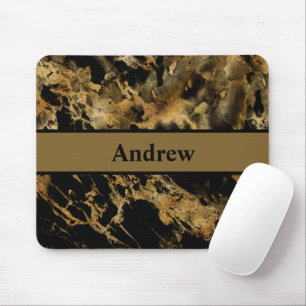 Monogram Black Gold Marble Agate Modern Trendy Mouse Pad
