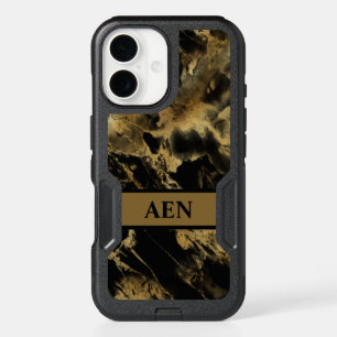 Monogram Black Gold Marble Agate Modern Trendy iPhone 16 Case