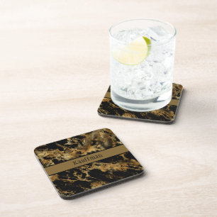 Monogram Black Gold Marble Agate Trendy Chic Beverage Coaster