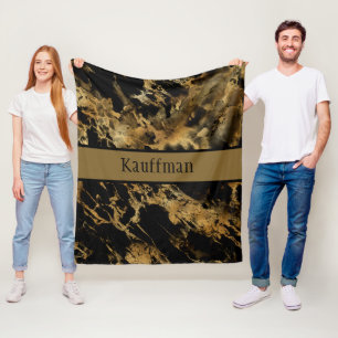 Monogram Black Gold Marble Agate Trendy Chic Fleece Blanket