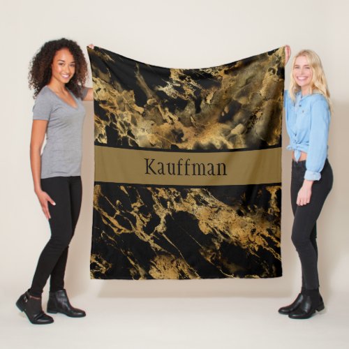 Monogram Black Gold Marble Agate Trendy Chic Fleece Blanket