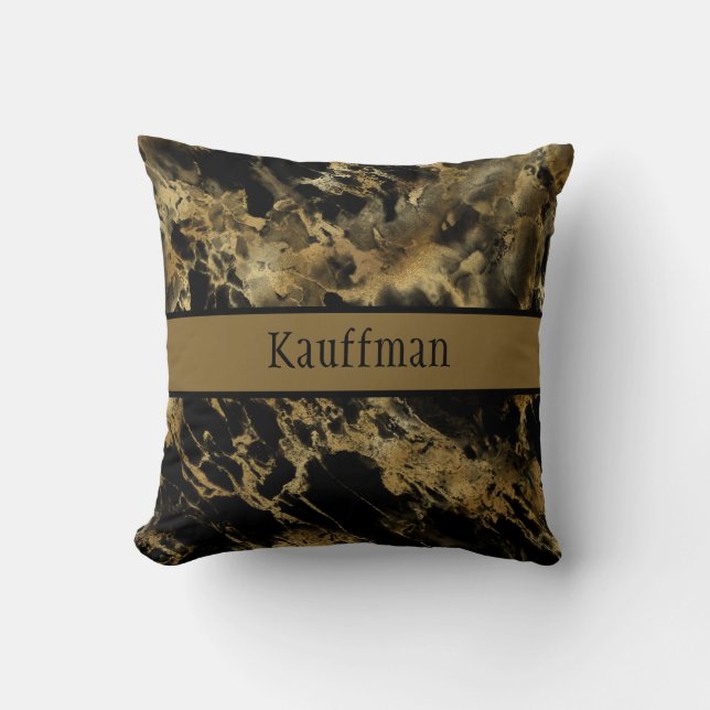 Monogram Black Gold Marble Agate Trendy Chic  Throw Pillow (Front)