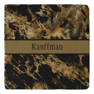 Monogram Black Gold Marble Agate Trendy Chic Trivet