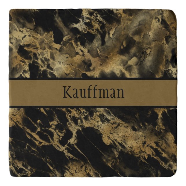 Monogram Black Gold Marble Agate Trendy Chic Trivet (Front)