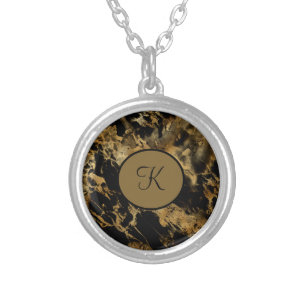 Monogram Black Gold Marble Agate Trendy Modern Silver Plated Necklace