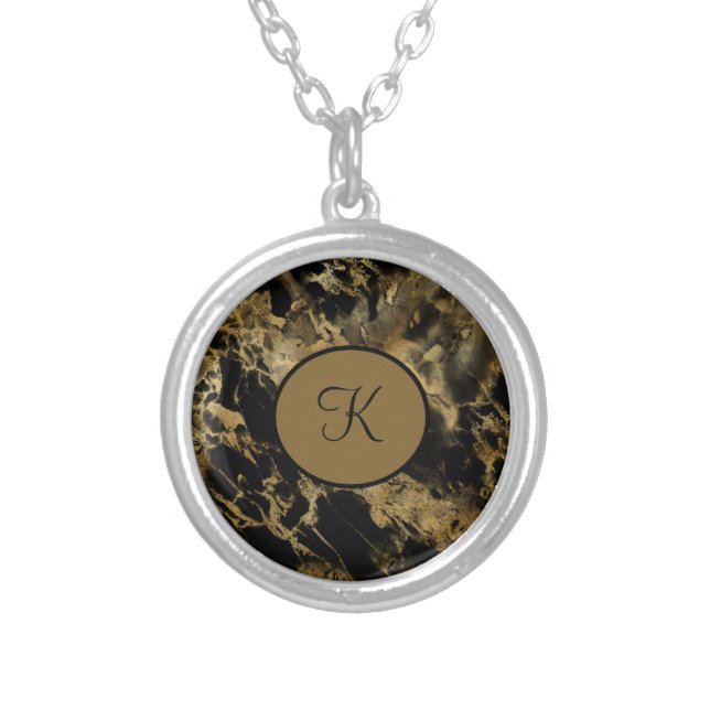 Monogram Black Gold Marble Agate Trendy Modern Silver Plated Necklace (Front)