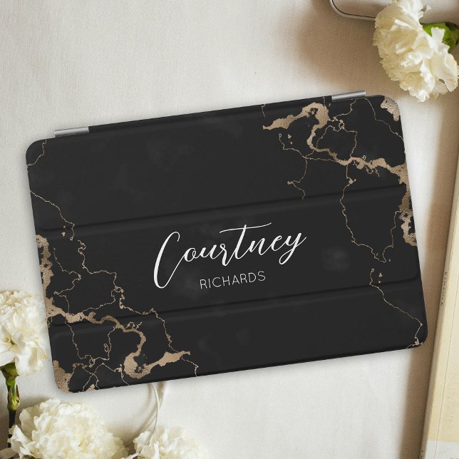Monogram Black & Gold Marble Calligraphy Name iPad Mini Cover (Black and gold glitter effect marble cover for table with your custom name or logo)
