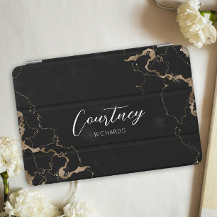 Monogram Black & Gold Marble Calligraphy Name iPad Mini Cover