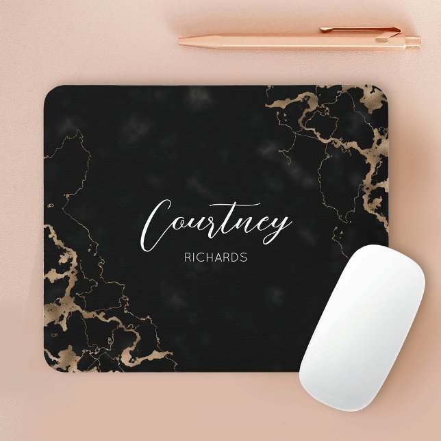 Monogram Black & Gold Marble Elegant Font Name Mouse Pad (Black marble and gold glitter personalized mouse pad with your name or brand logo)