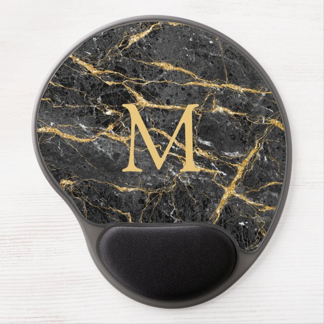 Monogram Black Gold Marble Gel Mouse Pad (Front)