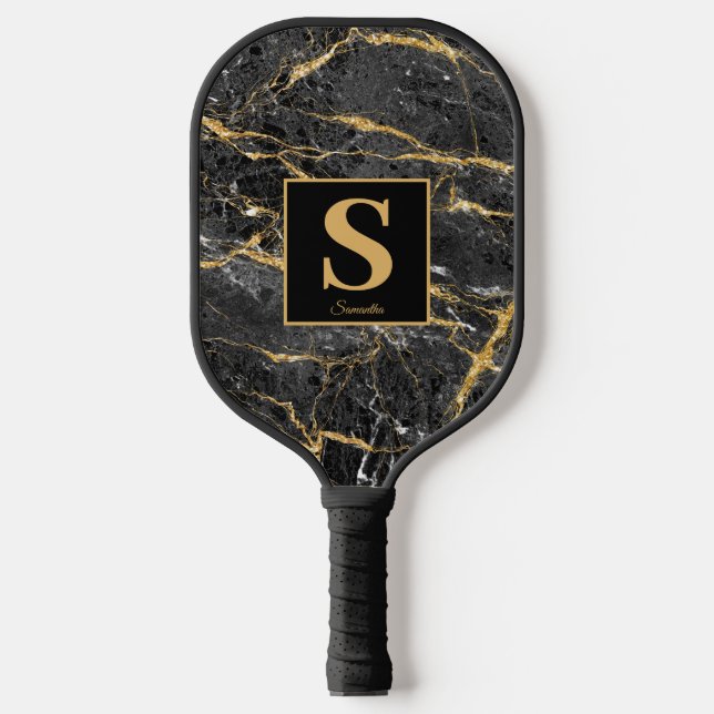 Monogram Black Gold Marble Name  Pickleball Paddle (Front)