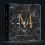 Monogram Black Gold Marble Script Office School 3 Ring Binder<br><div class="desc">Elegant Monogram Gold Black Marble White Script Name Home Office Professional Work Back to School Recipe Cookbook 3 ring binder</div>