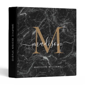 Monogram Black Gold Marble Script Office School 3 Ring Binder