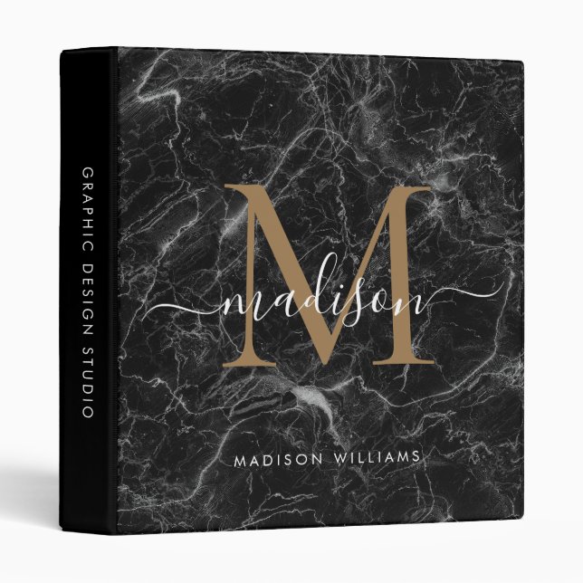 Monogram Black Gold Marble Script Office School 3 Ring Binder (Front/Spine)