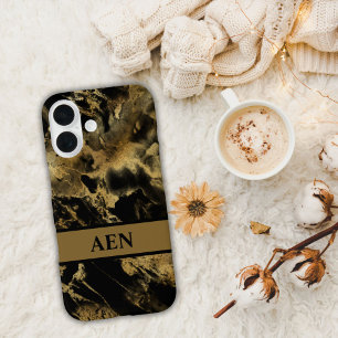 Monogram Black Gold Marble Watercolor Wash iPhone 16 Case